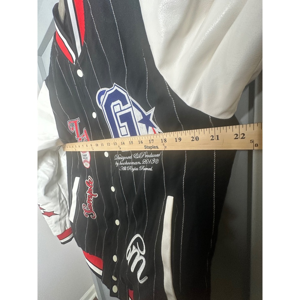 boohooMAN Mens Black Pinstripe Varsity Jacket Star Patch Faux Leather Sleeves M - Picture 9 of 12